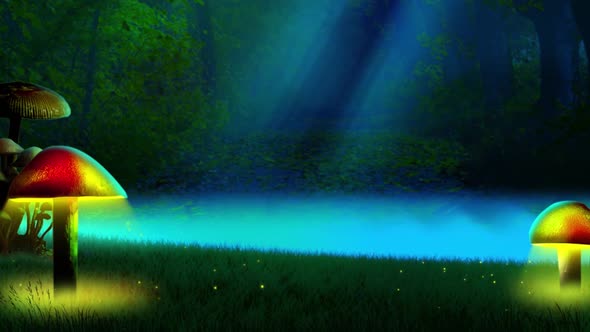 Glowing Mushroom And Fireflies Landscape