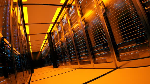 Server room corridor illuminated by orange light. Endless looping animation. 4K alt