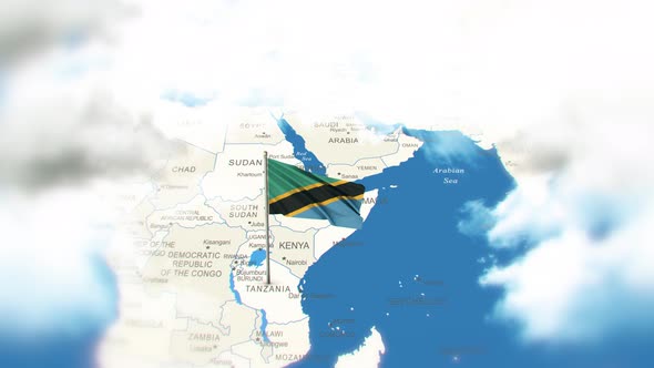 Tanzania Map And Flag With Clouds