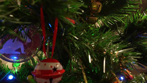 Christmas Tree Toys on an Artificial Christmas Tree Closeup