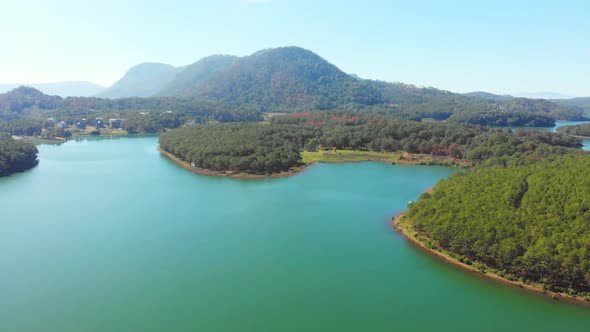 Unique aerial view of awesome Tuyen Lam Lake Da Lat plateau Vietnam forest hill highlands  alt