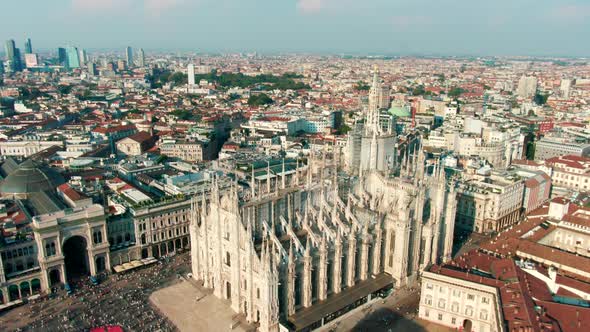Establishing Drone Aerial Shot of Cathedral Church of Milan Lombardy Italy
