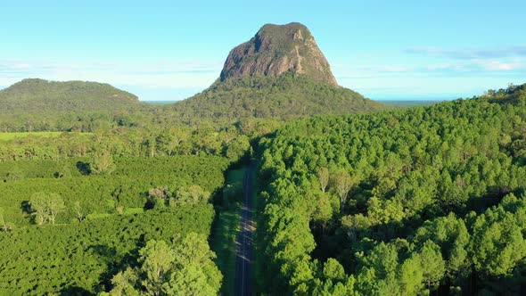 Aerial view of Mt Tunbubudla, Glass House Mountains, Queensland, Australia. alt