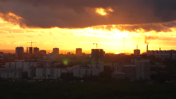 Beautiful Sunset Over City Close Up on Modern Downtown Novosibirsk Skyline Buildings