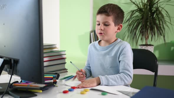 Home Schooling, Handsome Smart Boy Teaches Home Lessons Sitting at a Computer and Watching a Video alt