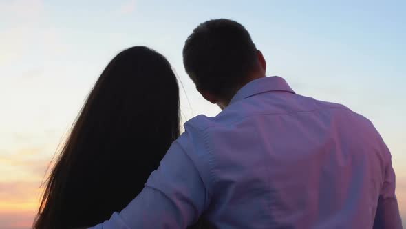 Man Tenderly Hugging Woman Pointing Finger at Distance, Pleasure Pastime Openair