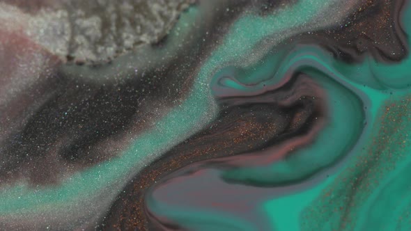 Turquoise, copper, black, silver colors oil paint pouring close up. Fluid Art painting alt