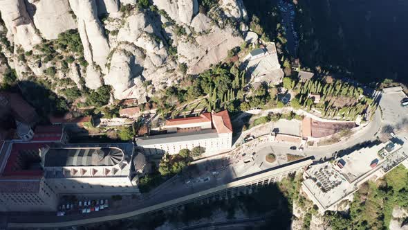 Overhead view of popular touristic destination in Spain; famous religion attraction between mountain