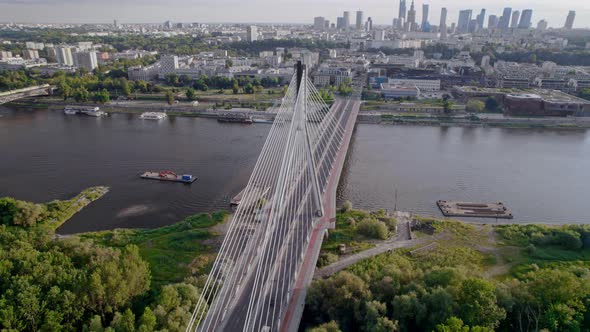 Aerial Footage of the Cable Bridge in the City