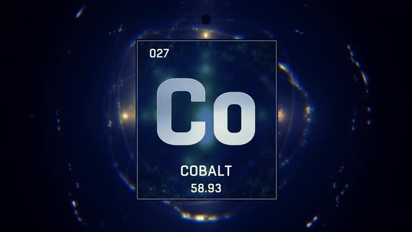 Cobalt as Element 27 of the Periodic Table 3D animation on blue background
