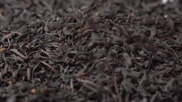 Black Loose Leaf Tea Sprinkled on a Plate and Spinning Close Up Background for a Cafe or Restaurant alt