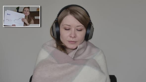 Blond Caucasian Woman Coughing, Sneezing and Wrapping in Blanket As Listening To Colleague alt