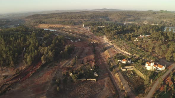 Aerial drone view of the abandoned mines of Mina de Sao Domingos, in Alentejo Portugal alt