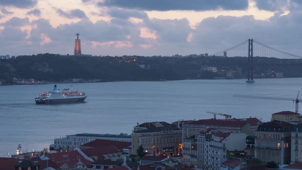 Timelapse of Christ the King statue and Tagus River