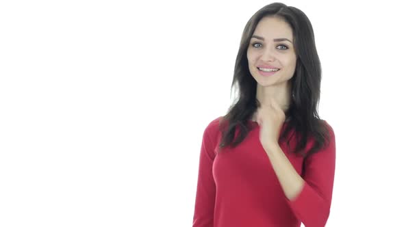 Woman Pointing Showing Direction Aside, Copyspace alt