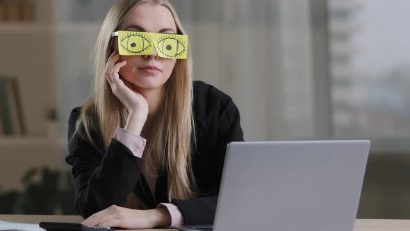 Tired Sleepy Funny Lazy Caucasian Business Woman with Sticky Notes on Eyes Glasses with Stickers alt