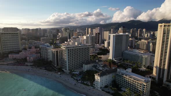 Honolulu Buildings Aerial Push at Sunset alt