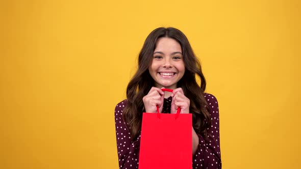 Happy Child Hold Shopping Bag Present Wondering What is Inside Surprise alt
