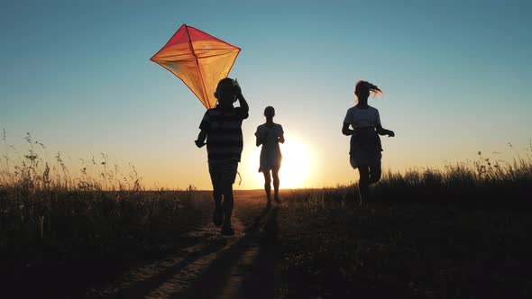 Happy Young Mother with a Children Play Kites Together on Park alt