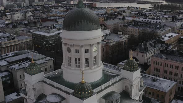 Drone aerial view of Helsinki Cathedral. Flying back. alt