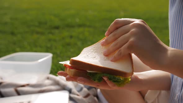 A Teenage Girl in the Park Prepares an Appetizing Sandwich to Have a Snack During a Break