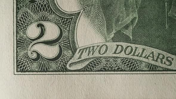 Two Dollar Banknote Stop Motion Macro Close Up Shot. Macro USD Finance Freedom and Investment. 2 alt