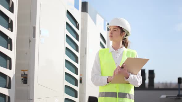 A Young Woman Engineer is Reviewing Air Conditioners alt