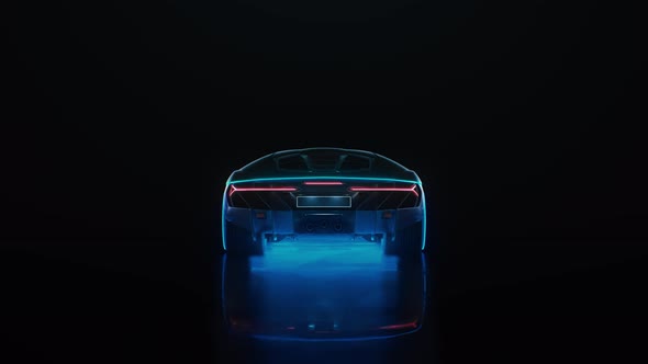 Sports Car with Neon Lights Turns on the Ignition and Drives Off Into the Distance