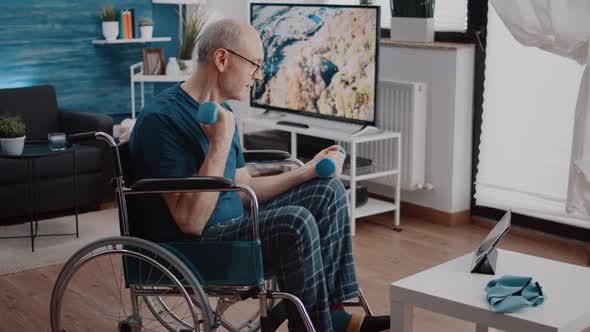 Pensioner Sitting in Wheelchair and Doing Exercise with Dumbbells alt