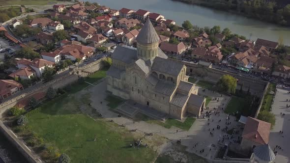 Aerial view of Svetitskhoveli Cathedral in Mtskheta, Georgia alt