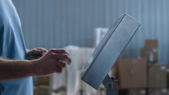 Closeup Factory Worker Hand Weighting Goods Calculating Production Supply Typing alt