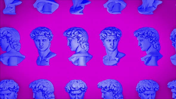 Multiple busts of a greek philosopher are rotating in the surreal art background alt