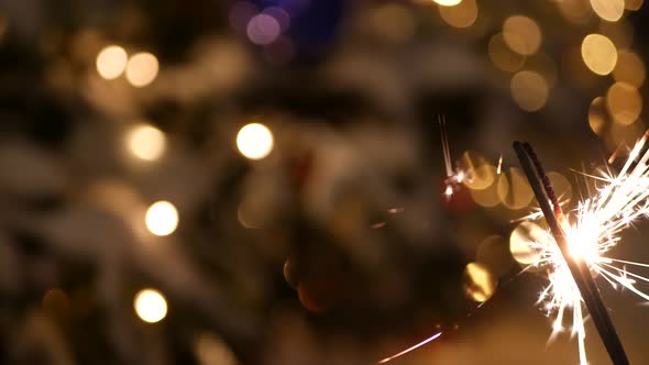 Sparkler Firework Burning Christmas Tree in Snow New Year or Xmas Bengal Light