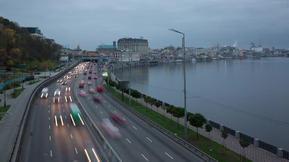 Fast Movement Of Cars On A Large Highway In The City At Sunset, Kiev, Ukraine