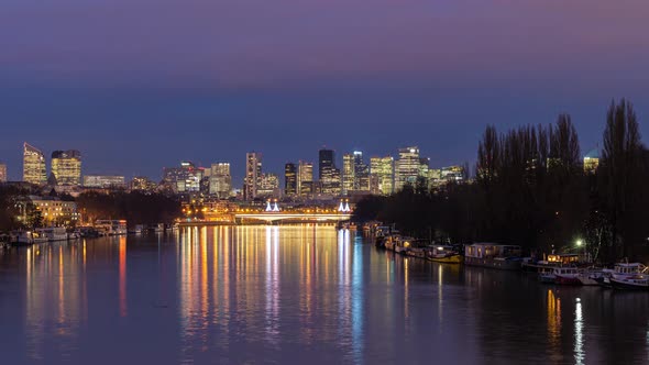 Sunset with Clouds on La Defense Business District, Seine River, Buildings, Trees alt