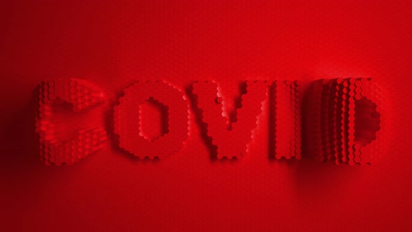 Covid Logo text Red mosaic surface with moving hexagons