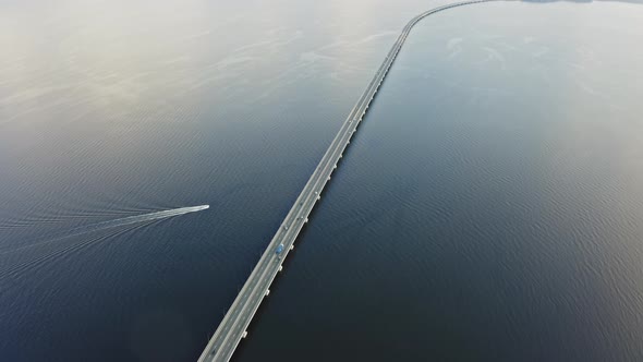 Drone View of a Modern Lowwater Bridge Across the Sea in Vladivostok alt