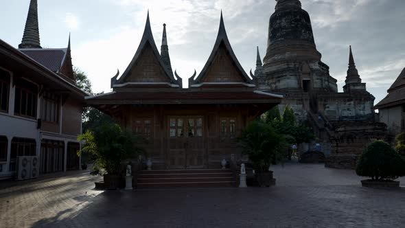 Tourist Walking POV at Wat Yai Chai Mongkhon Temple at Sunset in Ayutthaya Thailand alt