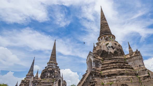 Time-lapse panning of Ruins of pagoda of Wat Phra Si Sanphet temple in Ayutthaya historical park