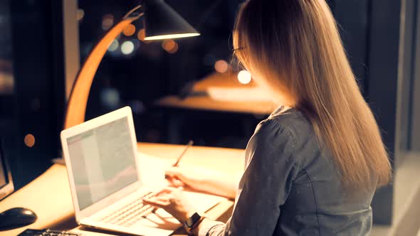 Businesswoman Booker Overworked Working On Project At Deadline. Accountant Overtime Work. alt