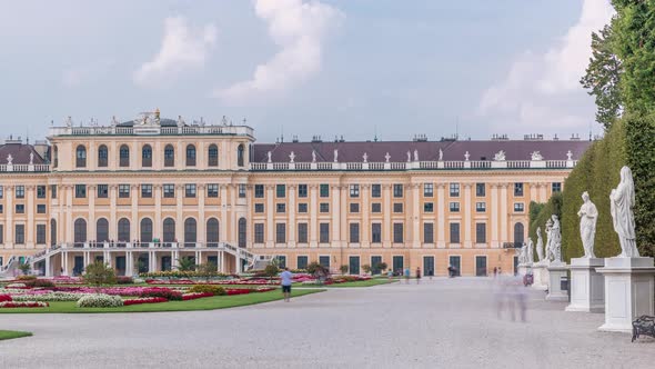 Beautiful View of Famous Schonbrunn Palace Timelapse with Great Parterre Garden in Vienna Austria alt