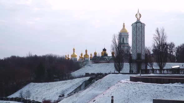 Winter Landscape  Grey Clouds  Domes Of Kiev Pechersk Lavra.