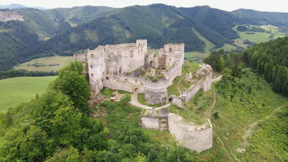 Aerial view of the castle in the village of Lietava in Slovakia alt