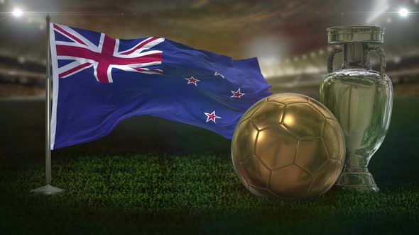 New Zealand Flag With Football And Cup Background Loop alt