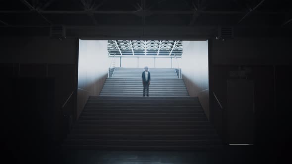 Lonely Schoolboy Posing Standing Empty School Campus Staircase After Classes alt