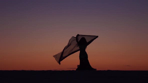 Girl on the Seashore Gracefully Dances Her Body Against the Sunset. Silhouette alt