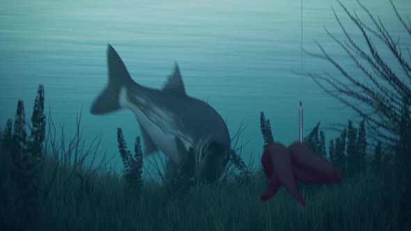 Underwater scene with the big fish swimming near the live bait on the hook. alt