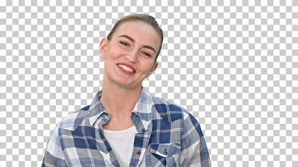 Cheerful young woman talking to a camera, Alpha Channel