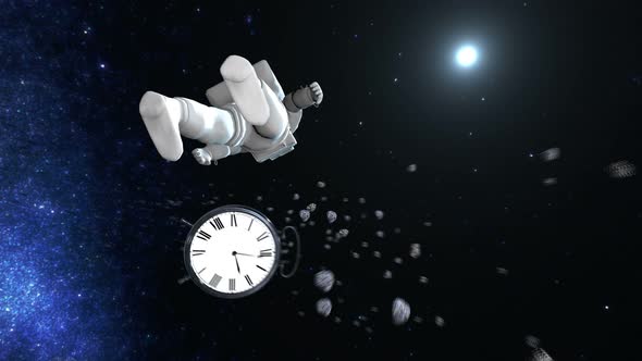 Astronaut flying among asteroids and watches. 