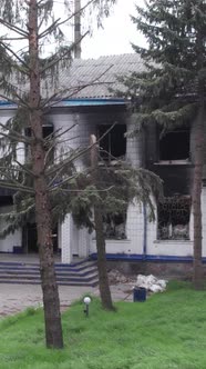 Vertical Video of a Destroyed Police Station During the War in Ukraine alt